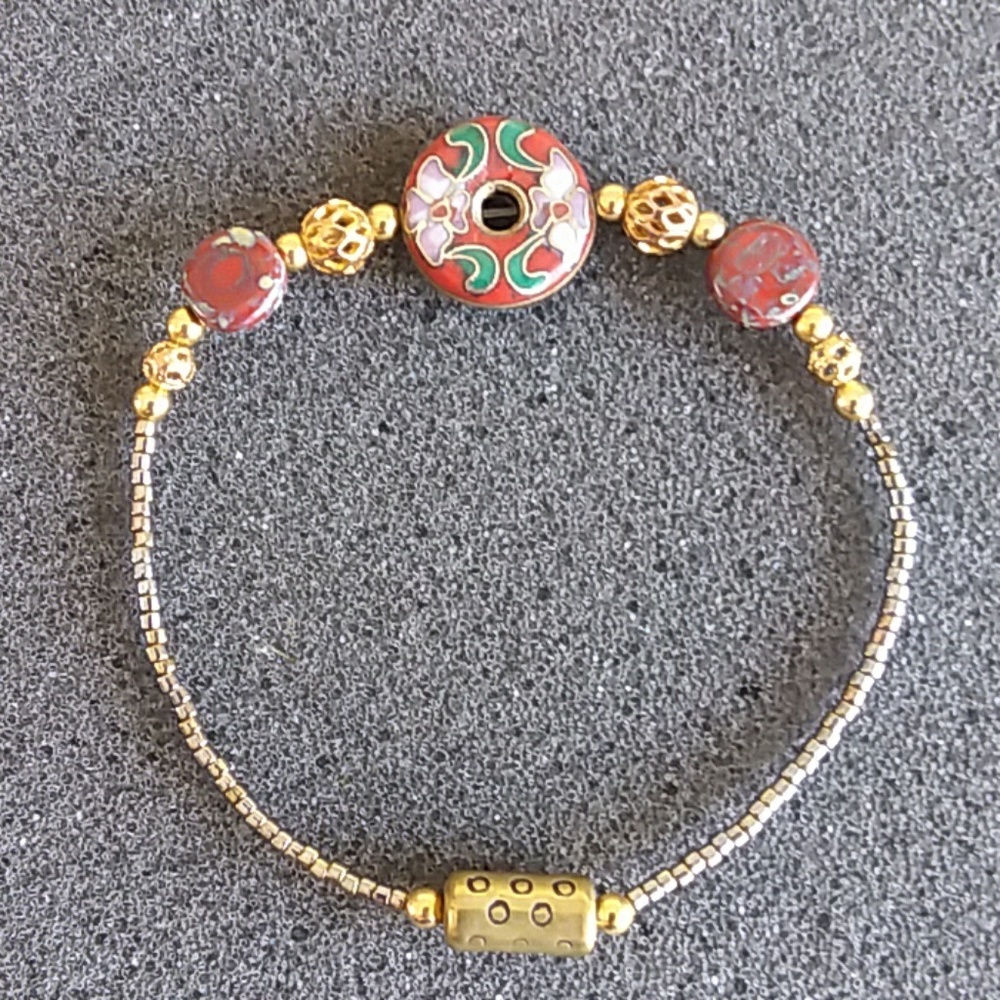 Red and gold tone cloisonne bracelet